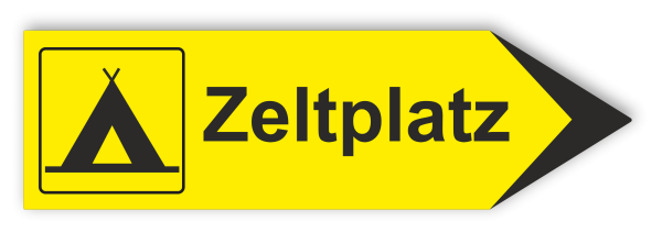 Hinweisschild in Pfeilform aus Dibond grundfarbig Gelb mit Text und Piktogramm Zeltplatz